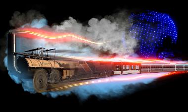 An old locomotive with funnel and pistons is travelling from right to left, appearing to come out of the picture. It is surrounded by smoke and a neon stripe is coming out of its funnel. It is pulling a train behind it. 