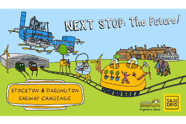 An illustration showing different inventions with text that says 'next stop the future! Stockton and Darlington Railway challenge'.